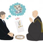 お布施の金額に悩む男性とお坊さん